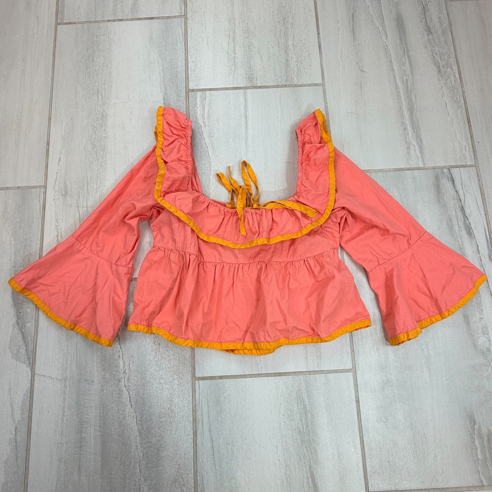 Maeve Anthropologie Coral Yellow Ruffle Bell Sleeve Lace-Up Peplum Top S